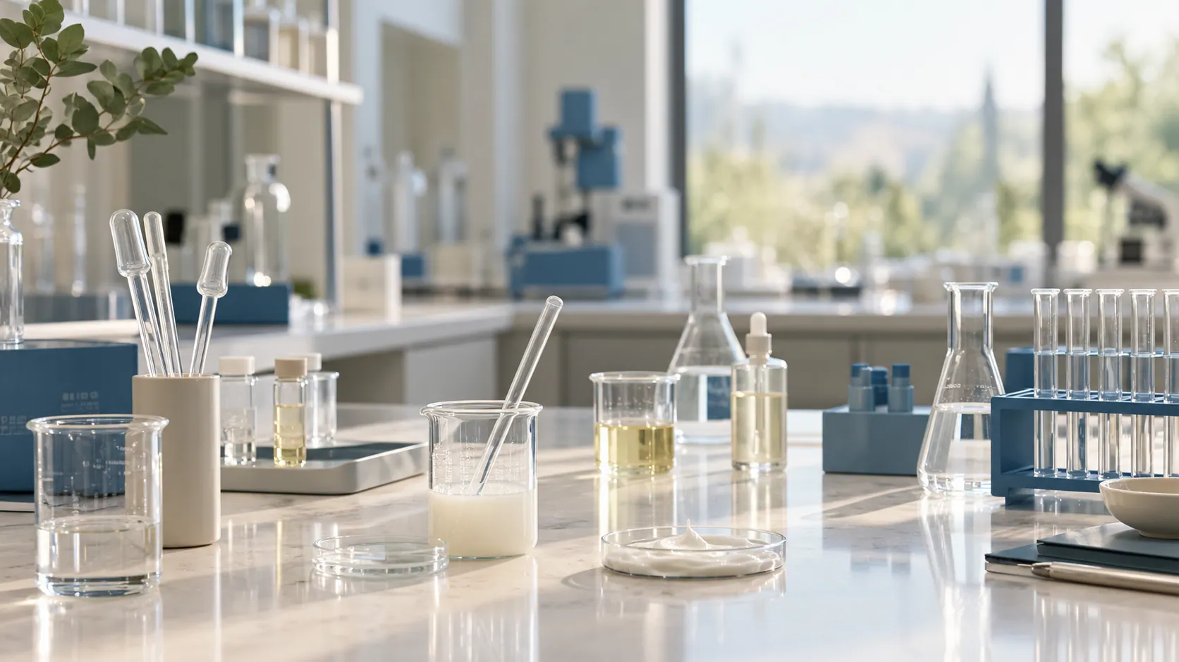 میز کار یک آزمایشگاه آرایشی-بهداشتی مدرن با بشر، پیپت و ارلن شیشه‌ای در نور روز