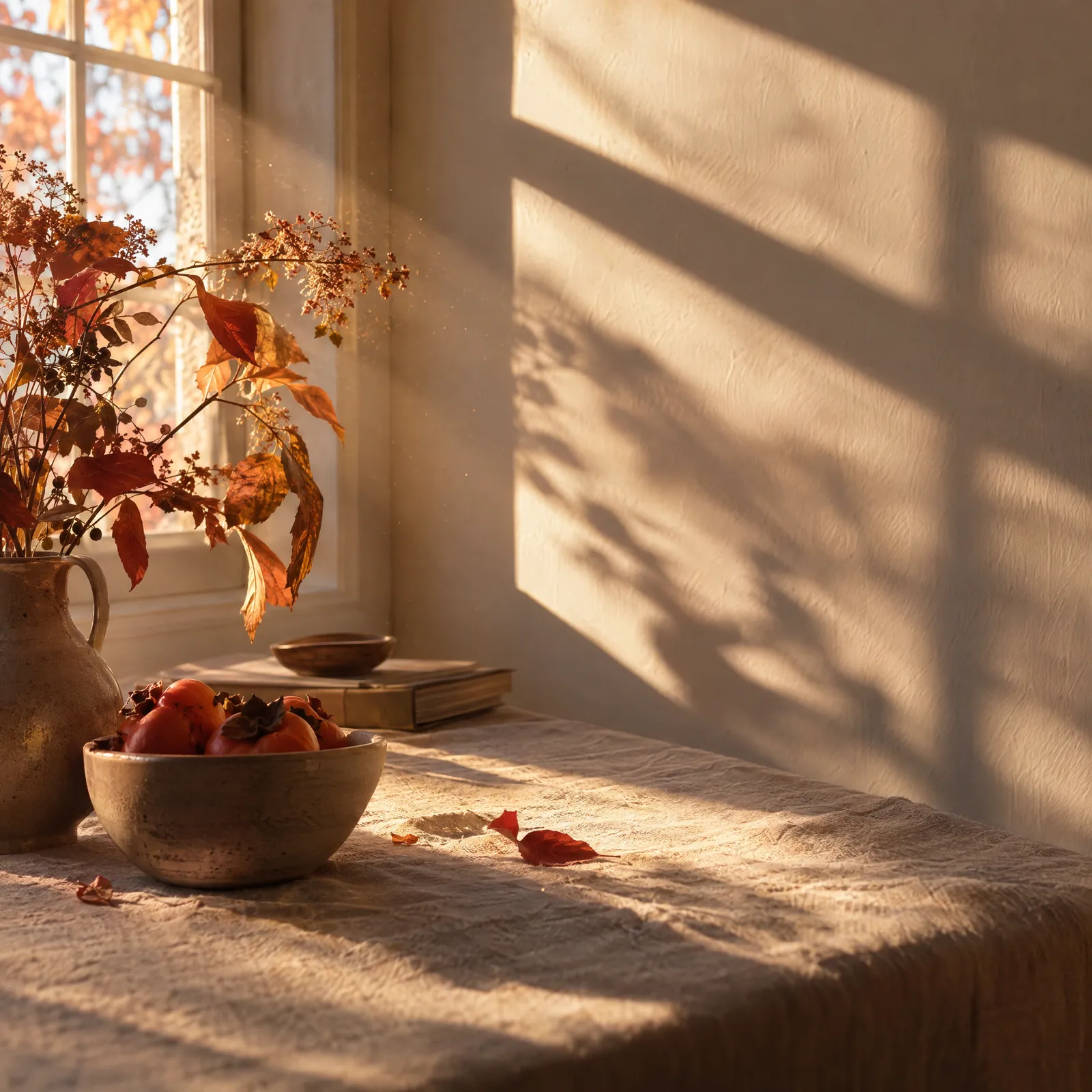 Low autumn sunlight falling at an oblique angle across a pale wall and a linen surface